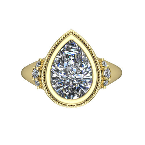Elliana pear bezel-set solitaire engagement ring in 18K Yellow Gold with squared milgrain bezel and pavé shoulders, top-down view of the squared milgrain bezel and pavé shoulder fans