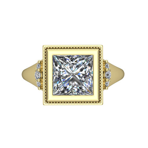 Elliana princess bezel-set solitaire engagement ring in 14K Yellow Gold with squared milgrain bezel and pavé shoulders, top-down view of the squared milgrain bezel and pavé shoulder fans