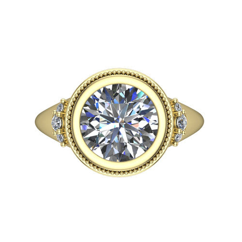 Elliana round bezel-set solitaire engagement ring in 14K Yellow Gold with squared milgrain bezel and pavé shoulders, top-down view of the squared milgrain bezel and pavé shoulder fans