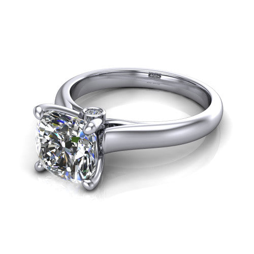 Brielle cushion solitaire engagement ring in 14K White Gold with plain band and peek-a-boo accent, three-quarter perspective view