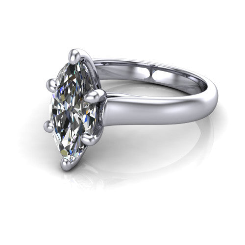 Brielle marquise solitaire engagement ring in Platinum with plain band and peek-a-boo accent, three-quarter perspective view
