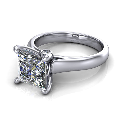Brielle princess solitaire engagement ring in Platinum with plain band and peek-a-boo accent, three-quarter perspective view