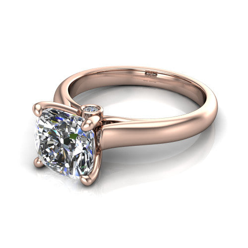 Brielle cushion solitaire engagement ring in 18K Rose Gold with plain band and peek-a-boo accent, three-quarter perspective view