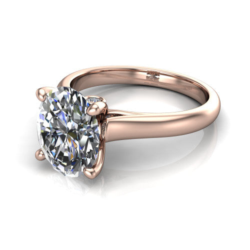 Brielle oval solitaire engagement ring in 18K Rose Gold with plain band and peek-a-boo accent, three-quarter perspective view