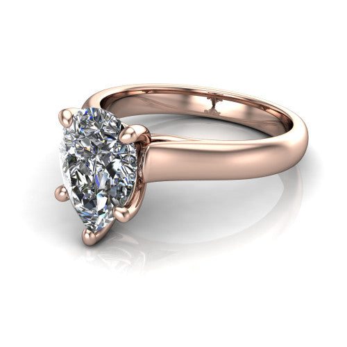 Brielle pear solitaire engagement ring in 18K Rose Gold with plain band and peek-a-boo accent, three-quarter perspective view