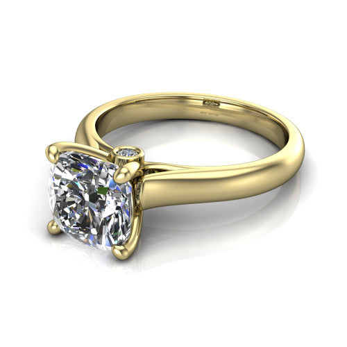 Brielle cushion solitaire engagement ring in 18K Yellow Gold with plain band and peek-a-boo accent, three-quarter perspective view