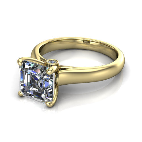 Brielle asscher solitaire engagement ring in 14K Yellow Gold with plain band and peek-a-boo accent, three-quarter perspective view