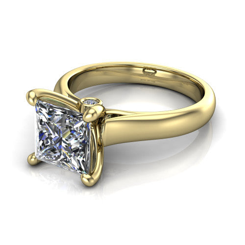 Brielle princess solitaire engagement ring in 14K Yellow Gold with plain band and peek-a-boo accent, three-quarter perspective view