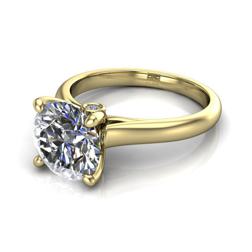 Brielle round solitaire engagement ring in 18K Yellow Gold with plain band and peek-a-boo accent, three-quarter perspective view