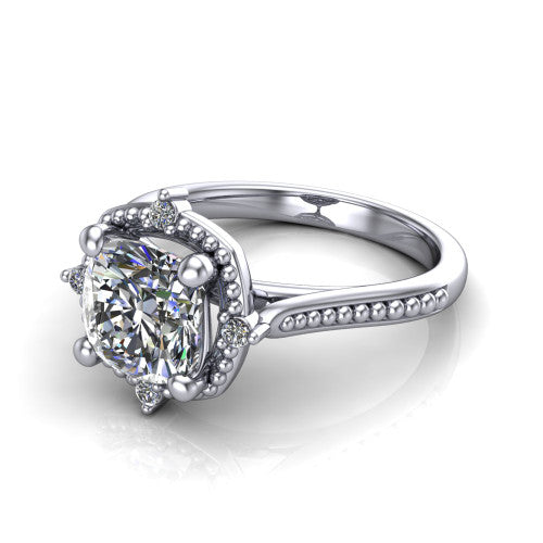 Esther cushion vintage halo engagement ring in Platinum with squared milgrain halo and corner points, three-quarter perspective view