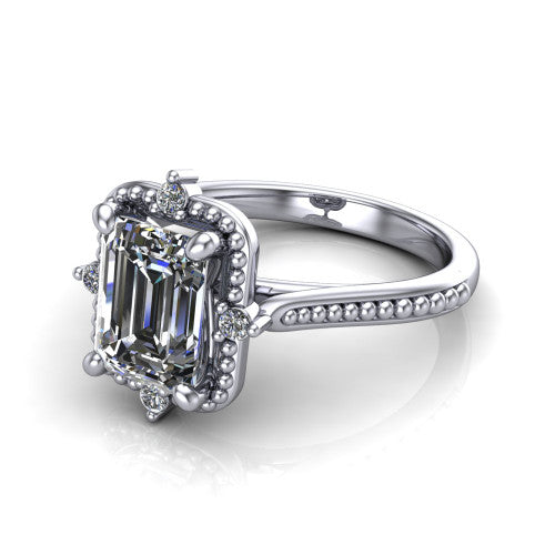 Esther emerald vintage halo engagement ring in 18K White Gold with squared milgrain halo and corner points, three-quarter perspective view