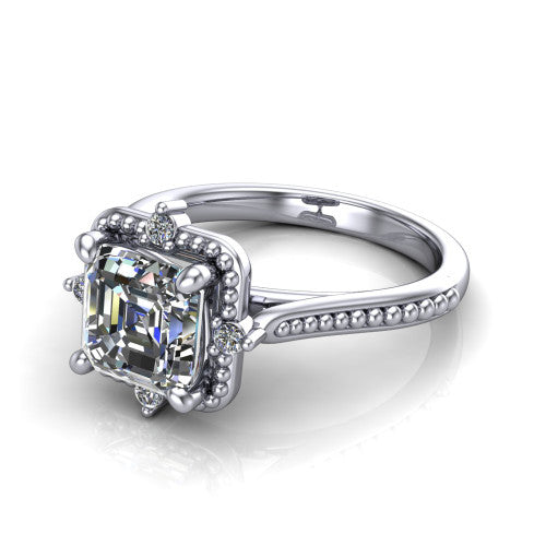 Esther asscher vintage halo engagement ring in 14K White Gold with squared milgrain halo and corner points, three-quarter perspective view