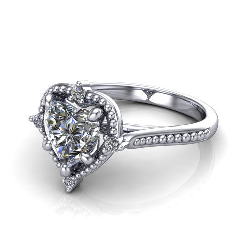 Esther heart vintage halo engagement ring in 18K White Gold with squared milgrain halo and corner points, three-quarter perspective view