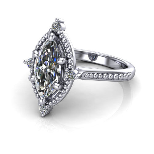 Esther marquise vintage halo engagement ring in 18K White Gold with squared milgrain halo and corner points, three-quarter perspective view