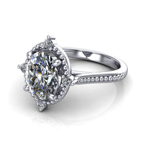 Esther oval vintage halo engagement ring in Platinum with squared milgrain halo and corner points, three-quarter perspective view