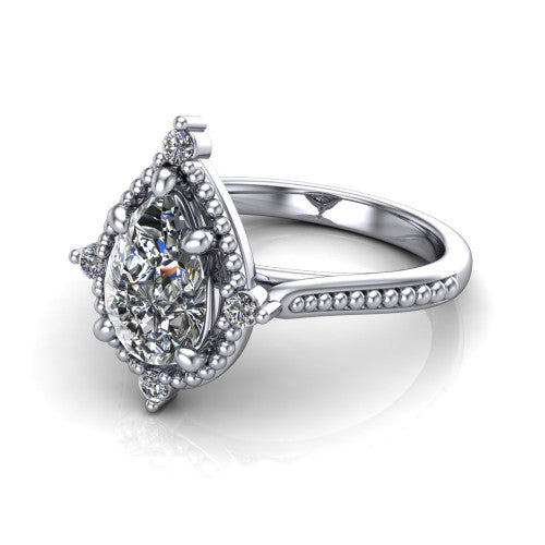 Esther pear vintage halo engagement ring in Platinum with squared milgrain halo and corner points, three-quarter perspective view