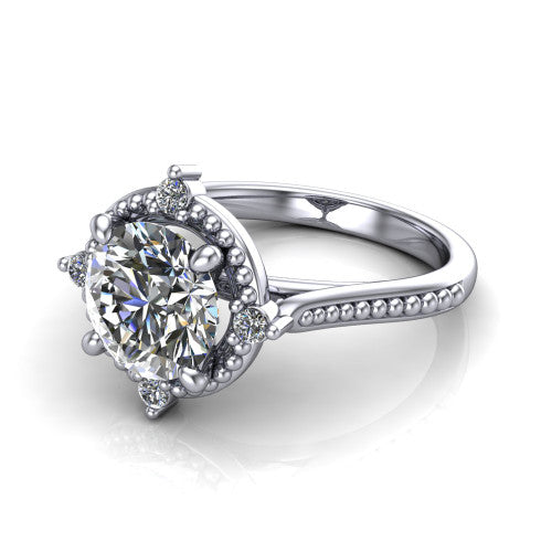 Esther round vintage halo engagement ring in 18K White Gold with squared milgrain halo and corner points, three-quarter perspective view