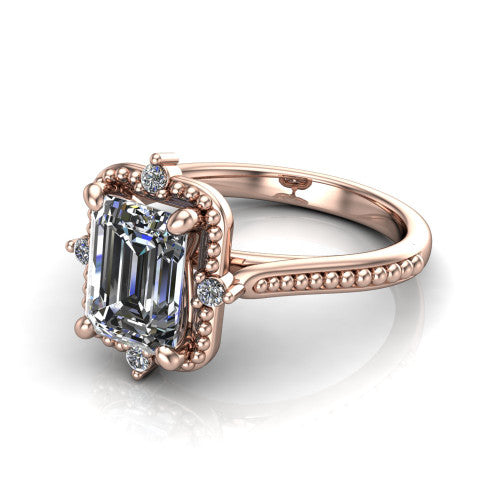 Esther emerald vintage halo engagement ring in 18K Rose Gold with squared milgrain halo and corner points, three-quarter perspective view