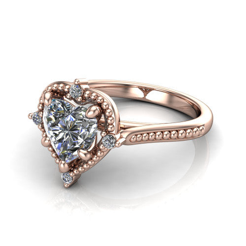 Esther heart vintage halo engagement ring in 18K Rose Gold with squared milgrain halo and corner points, three-quarter perspective view