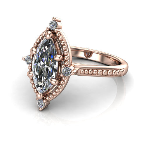 Esther marquise vintage halo engagement ring in 18K Rose Gold with squared milgrain halo and corner points, three-quarter perspective view