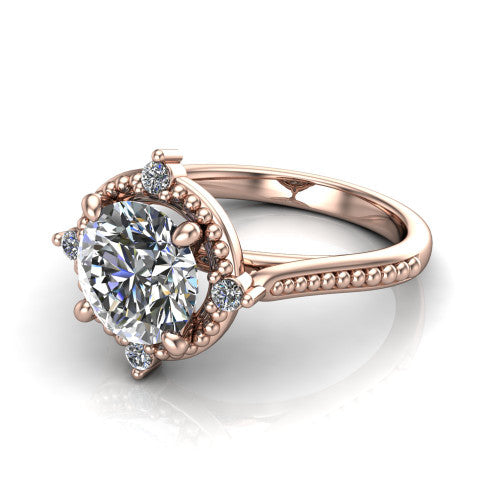 Esther round vintage halo engagement ring in 14K Rose Gold with squared milgrain halo and corner points, three-quarter perspective view
