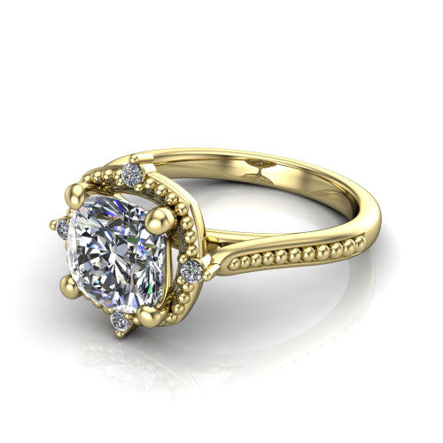 Esther cushion vintage halo engagement ring in 18K Yellow Gold with squared milgrain halo and corner points, three-quarter perspective view