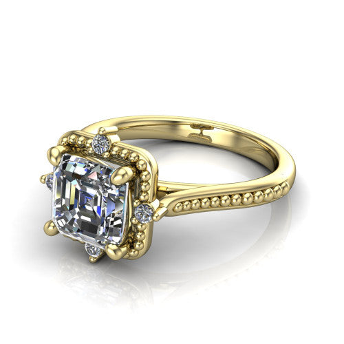 Esther asscher vintage halo engagement ring in 18K Yellow Gold with squared milgrain halo and corner points, three-quarter perspective view