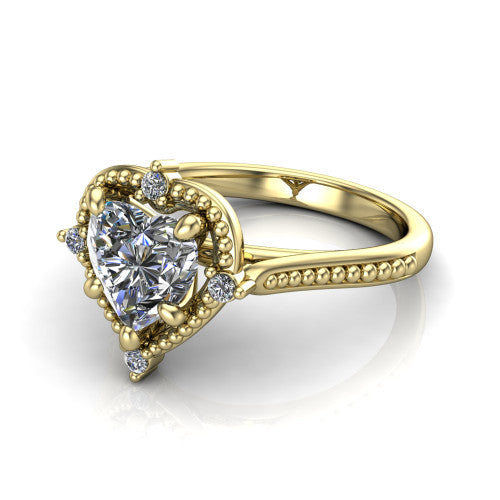 Esther heart vintage halo engagement ring in 18K Yellow Gold with squared milgrain halo and corner points, three-quarter perspective view