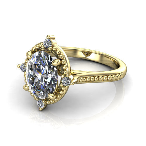 Esther oval vintage halo engagement ring in 18K Yellow Gold with squared milgrain halo and corner points, three-quarter perspective view