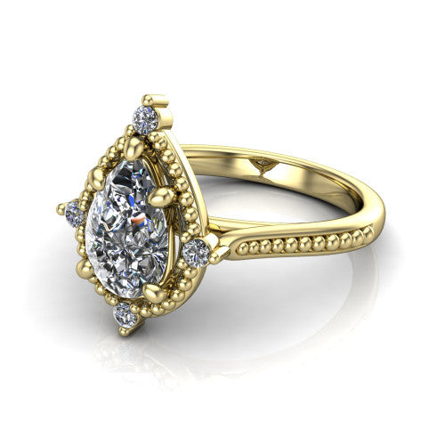 Esther pear vintage halo engagement ring in 18K Yellow Gold with squared milgrain halo and corner points, three-quarter perspective view