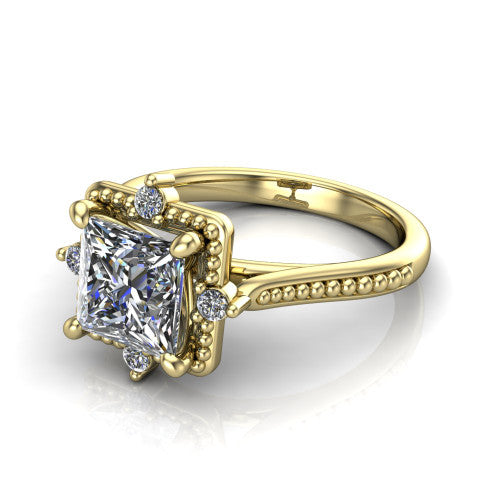 Esther princess vintage halo engagement ring in 18K Yellow Gold with squared milgrain halo and corner points, three-quarter perspective view