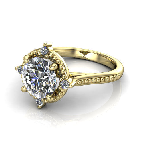 Esther round vintage halo engagement ring in 14K Yellow Gold with squared milgrain halo and corner points, three-quarter perspective view