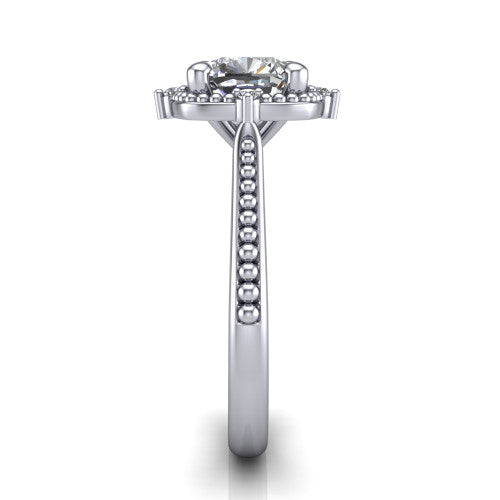 Esther cushion vintage halo engagement ring in 14K White Gold with squared milgrain halo and corner points, side profile showing the milgrain bead-set band