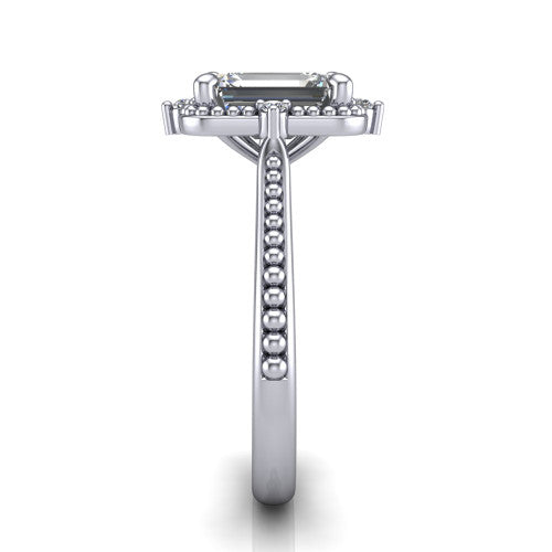 Esther emerald vintage halo engagement ring in 14K White Gold with squared milgrain halo and corner points, side profile showing the milgrain bead-set band