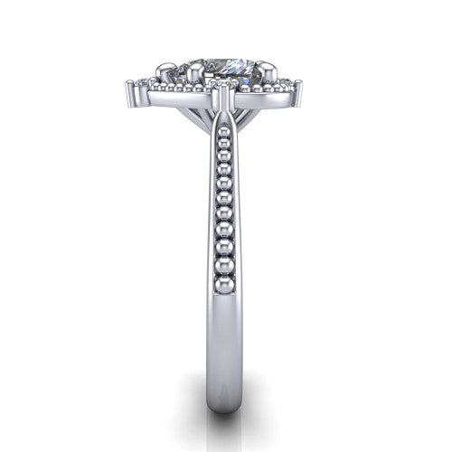 Esther heart vintage halo engagement ring in 18K White Gold with squared milgrain halo and corner points, side profile showing the milgrain bead-set band