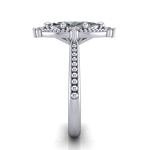 Esther marquise vintage halo engagement ring in Platinum with squared milgrain halo and corner points, side profile showing the milgrain bead-set band