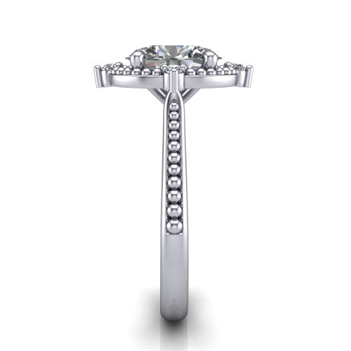 Esther oval vintage halo engagement ring in 14K White Gold with squared milgrain halo and corner points, side profile showing the milgrain bead-set band