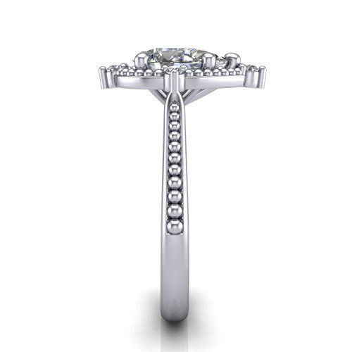 Esther pear vintage halo engagement ring in 18K White Gold with squared milgrain halo and corner points, side profile showing the milgrain bead-set band