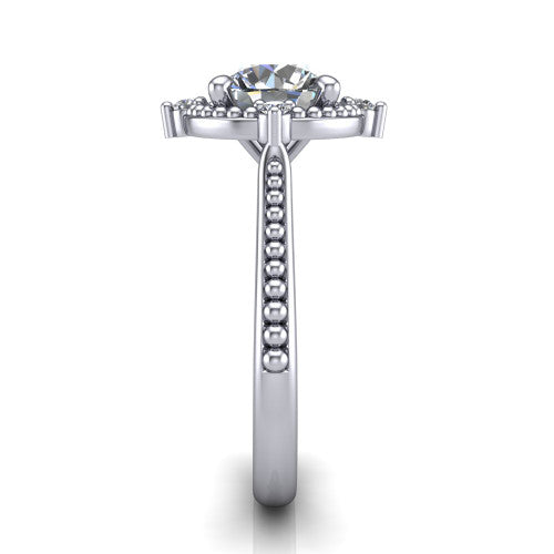 Esther round vintage halo engagement ring in Platinum with squared milgrain halo and corner points, side profile showing the milgrain bead-set band