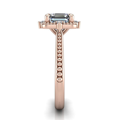 Esther asscher vintage halo engagement ring in 18K Rose Gold with squared milgrain halo and corner points, side profile showing the milgrain bead-set band