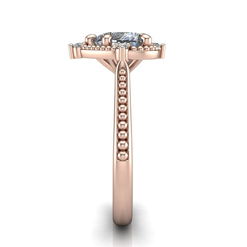 Esther heart vintage halo engagement ring in 18K Rose Gold with squared milgrain halo and corner points, side profile showing the milgrain bead-set band