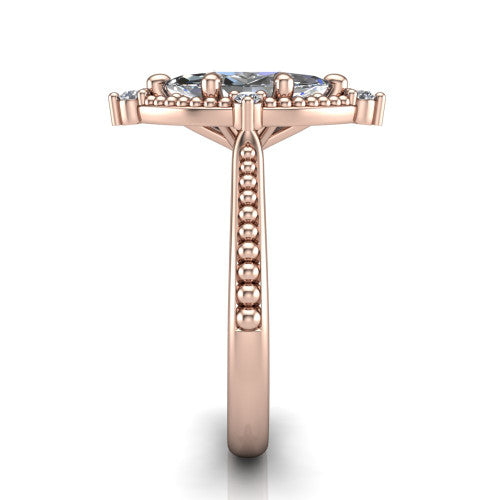 Esther marquise vintage halo engagement ring in 14K Rose Gold with squared milgrain halo and corner points, side profile showing the milgrain bead-set band