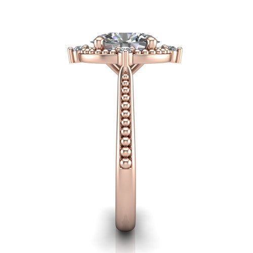 Esther oval vintage halo engagement ring in 14K Rose Gold with squared milgrain halo and corner points, side profile showing the milgrain bead-set band