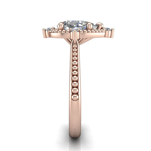 Esther pear vintage halo engagement ring in 14K Rose Gold with squared milgrain halo and corner points, side profile showing the milgrain bead-set band