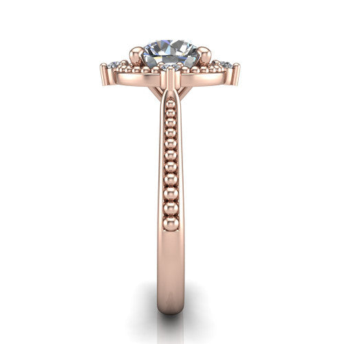 Esther round vintage halo engagement ring in 18K Rose Gold with squared milgrain halo and corner points, side profile showing the milgrain bead-set band