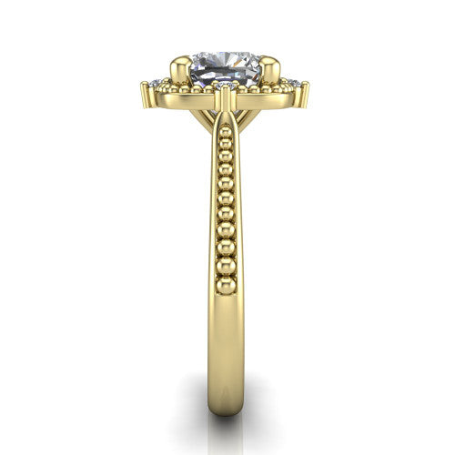 Esther cushion vintage halo engagement ring in 18K Yellow Gold with squared milgrain halo and corner points, side profile showing the milgrain bead-set band