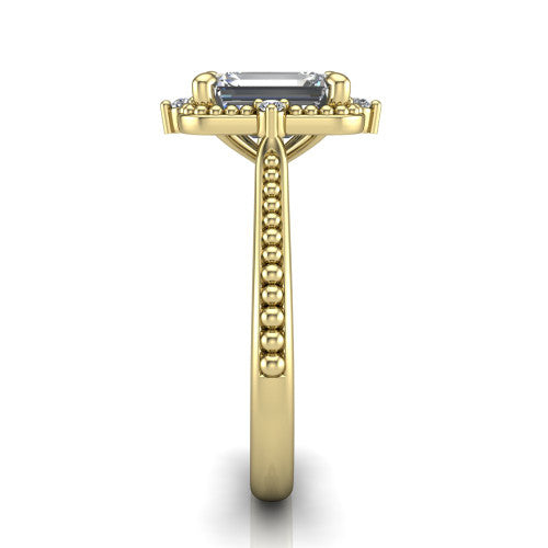 Esther emerald vintage halo engagement ring in 14K Yellow Gold with squared milgrain halo and corner points, side profile showing the milgrain bead-set band