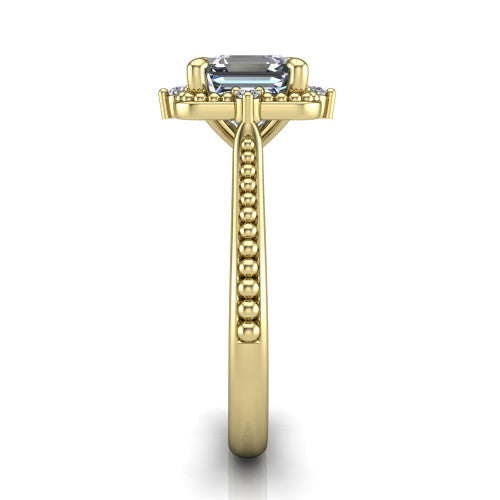 Esther asscher vintage halo engagement ring in 14K Yellow Gold with squared milgrain halo and corner points, side profile showing the milgrain bead-set band