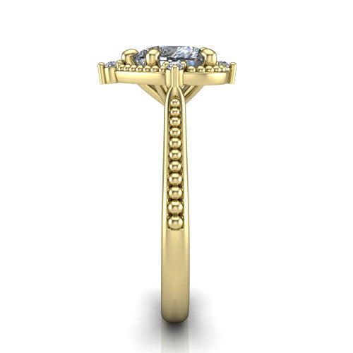 Esther heart vintage halo engagement ring in 14K Yellow Gold with squared milgrain halo and corner points, side profile showing the milgrain bead-set band