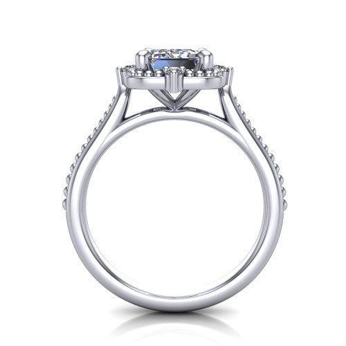 Esther emerald vintage halo engagement ring in 14K White Gold with squared milgrain halo and corner points, through-finger front profile